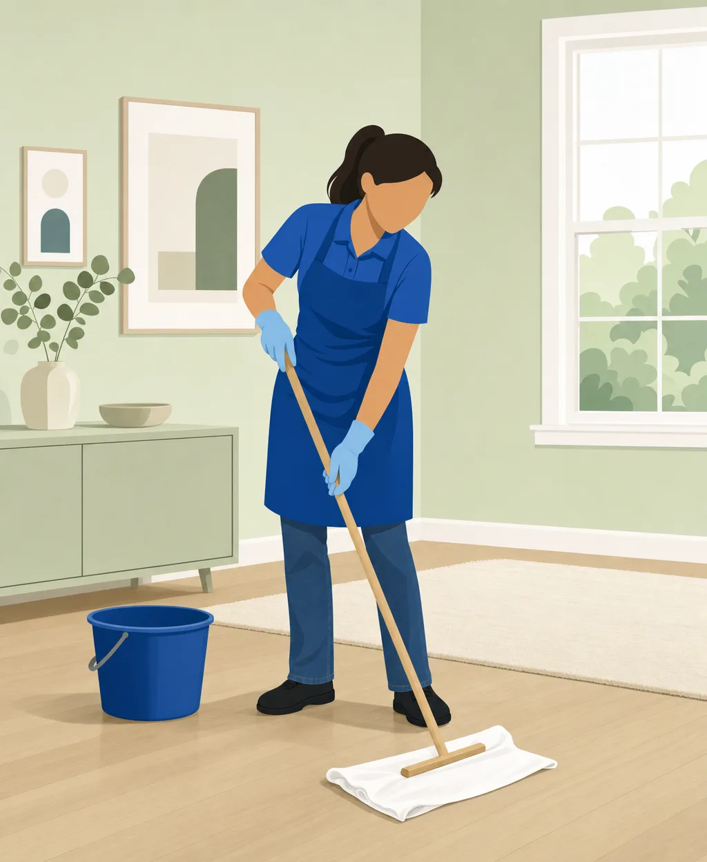 Illustration of a cleaning professional mopping a wooden floor with a wooden Cuban stick mop wrapped in a white towel