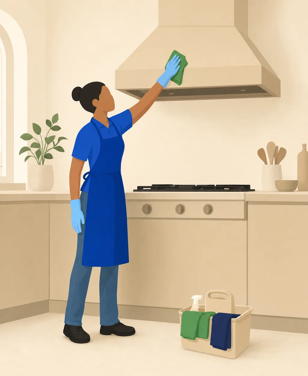 Illustration of a cleaning professional wiping a kitchen range hood, supply caddy on the floor
