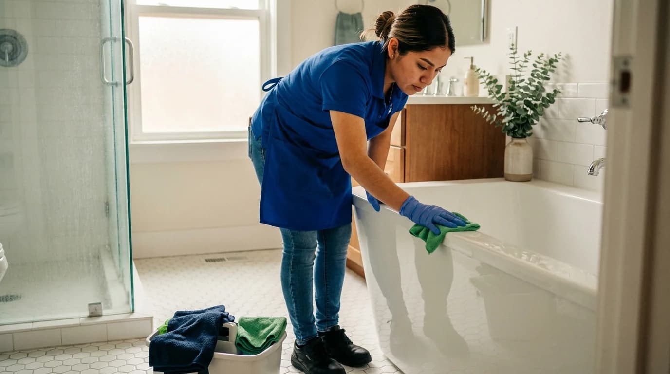 Cleaning professional wiping a bathtub with a green microfiber cloth