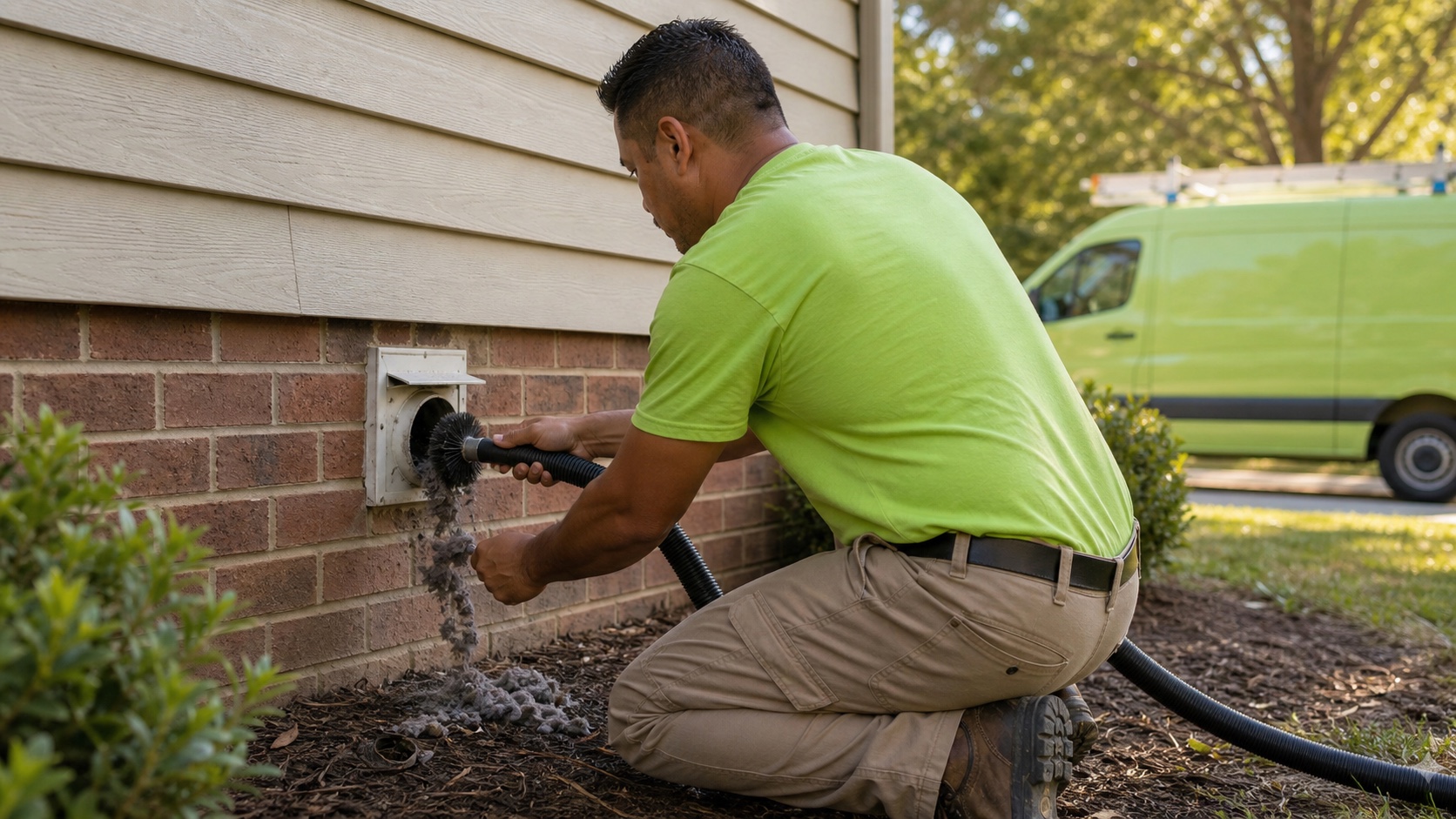 OPH contractor cleaning lint from an exterior residential dryer vent