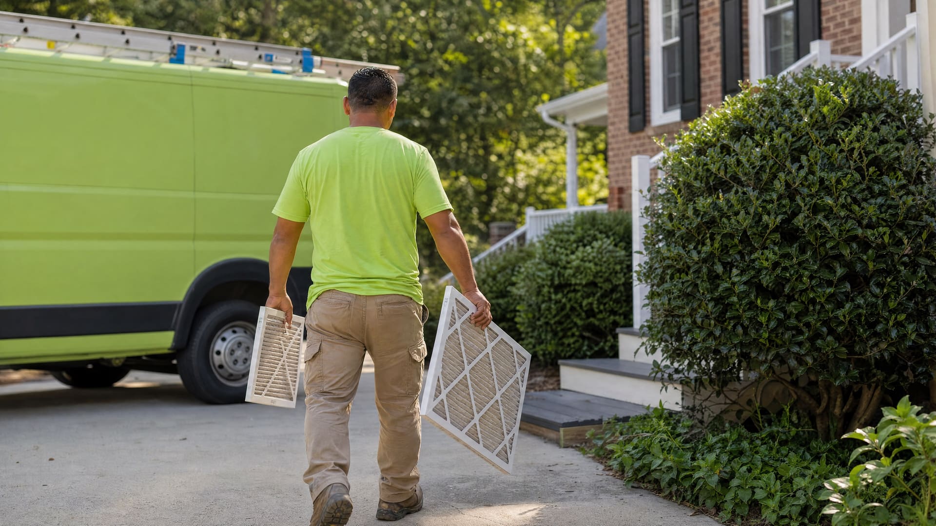 OPH contractor walking from the work truck with two HVAC filters for a scheduled replacement visit