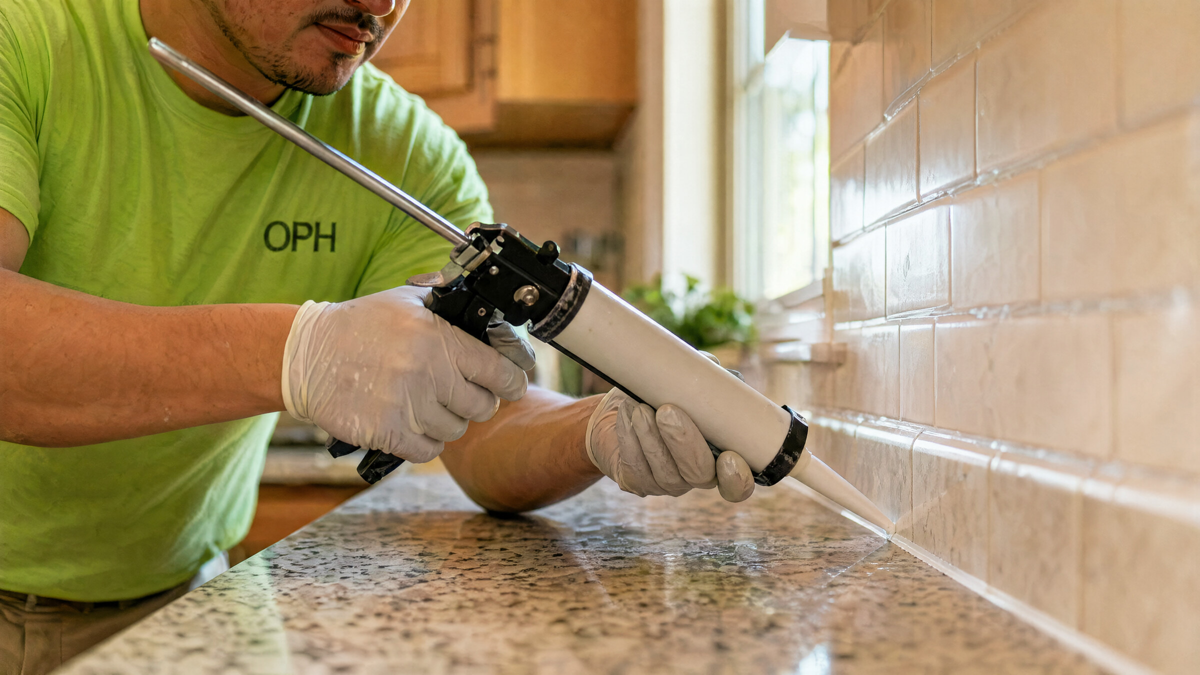 Hands applying a precise bead of fresh white caulk along a kitchen countertop seam