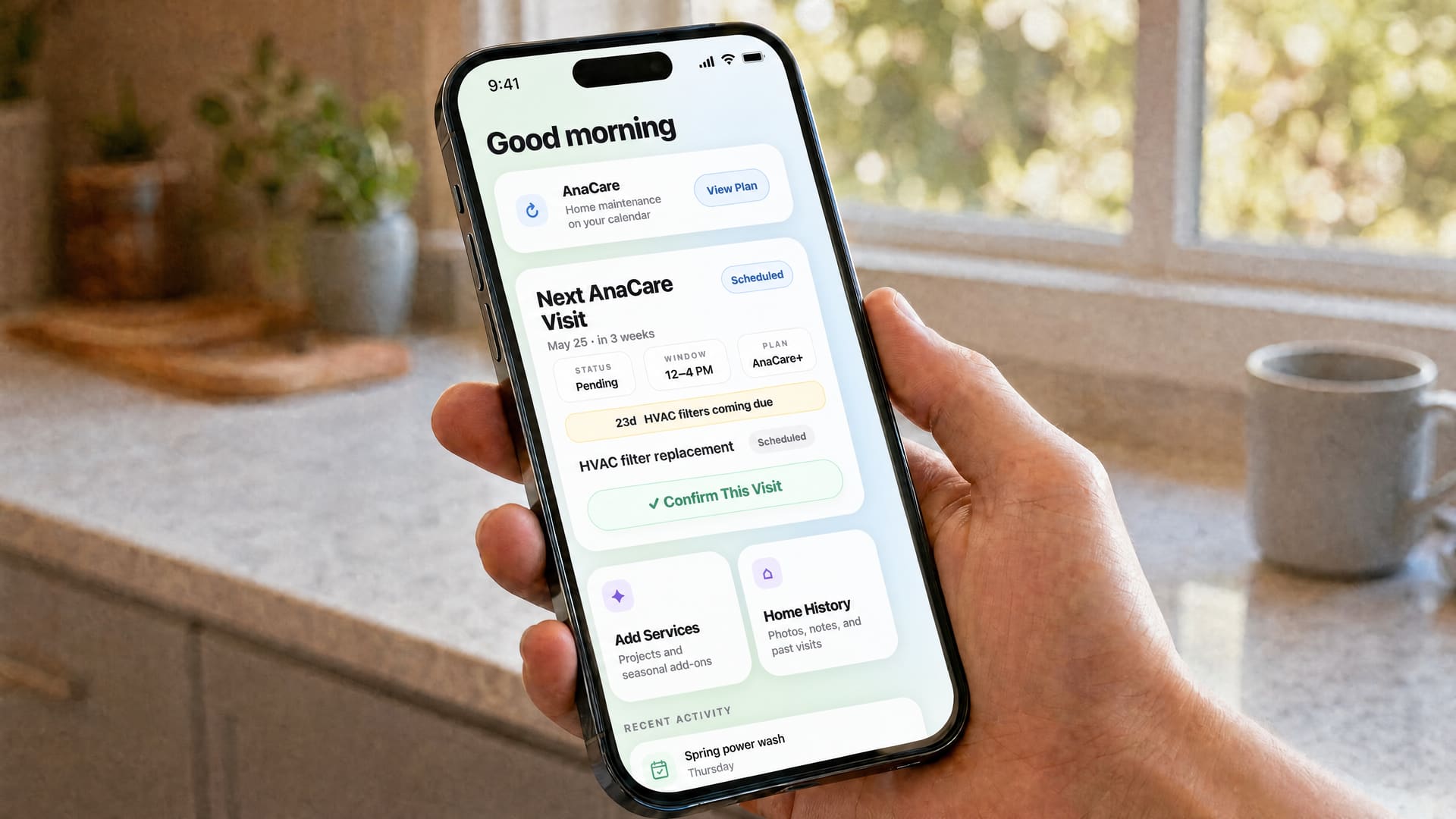 iPhone showing AnaCare inside the Ana's client portal with the next visit, confirmation, add services, and home history