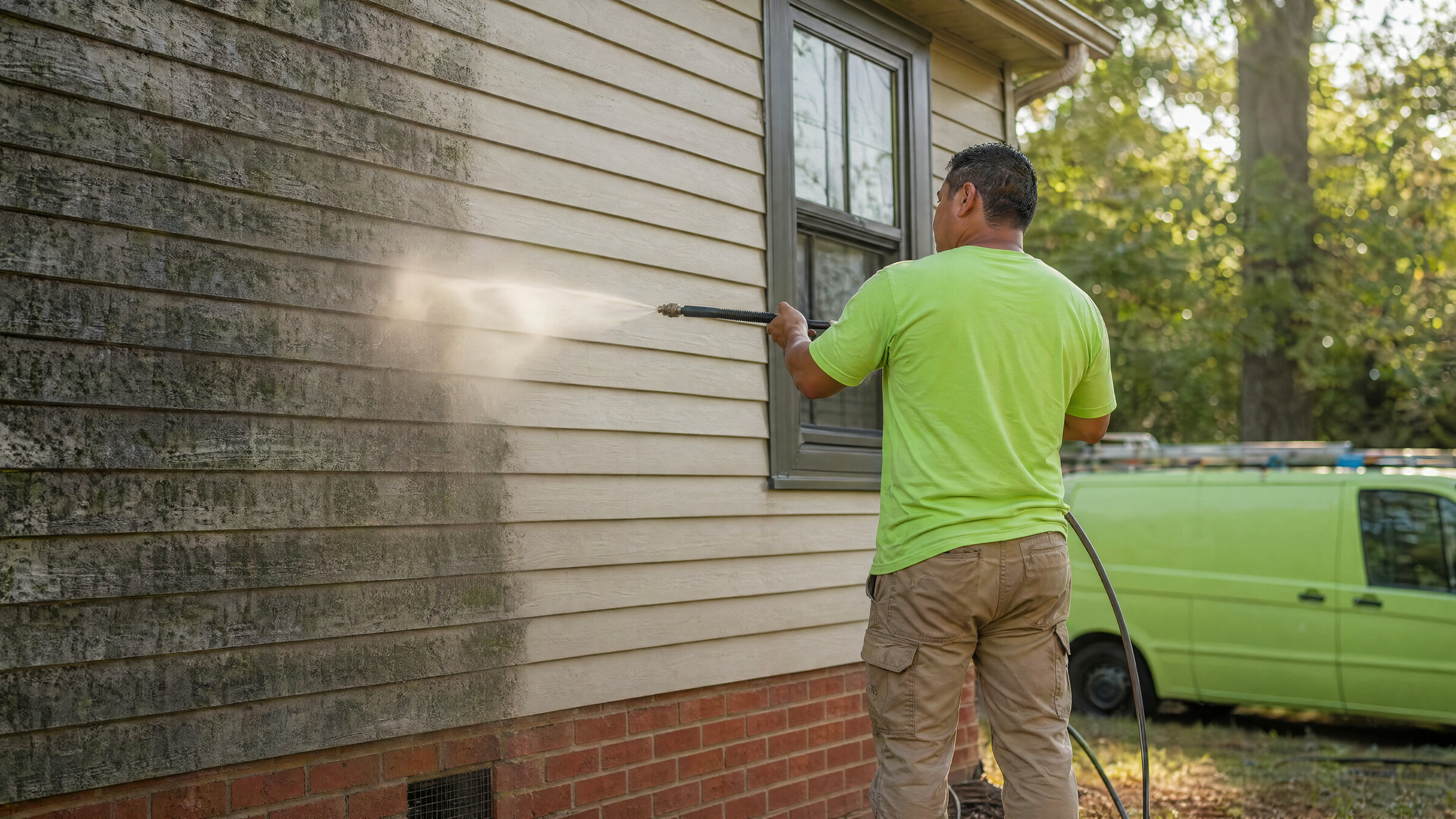 Contractor power washing the exterior siding of a residential home, revealing clean siding