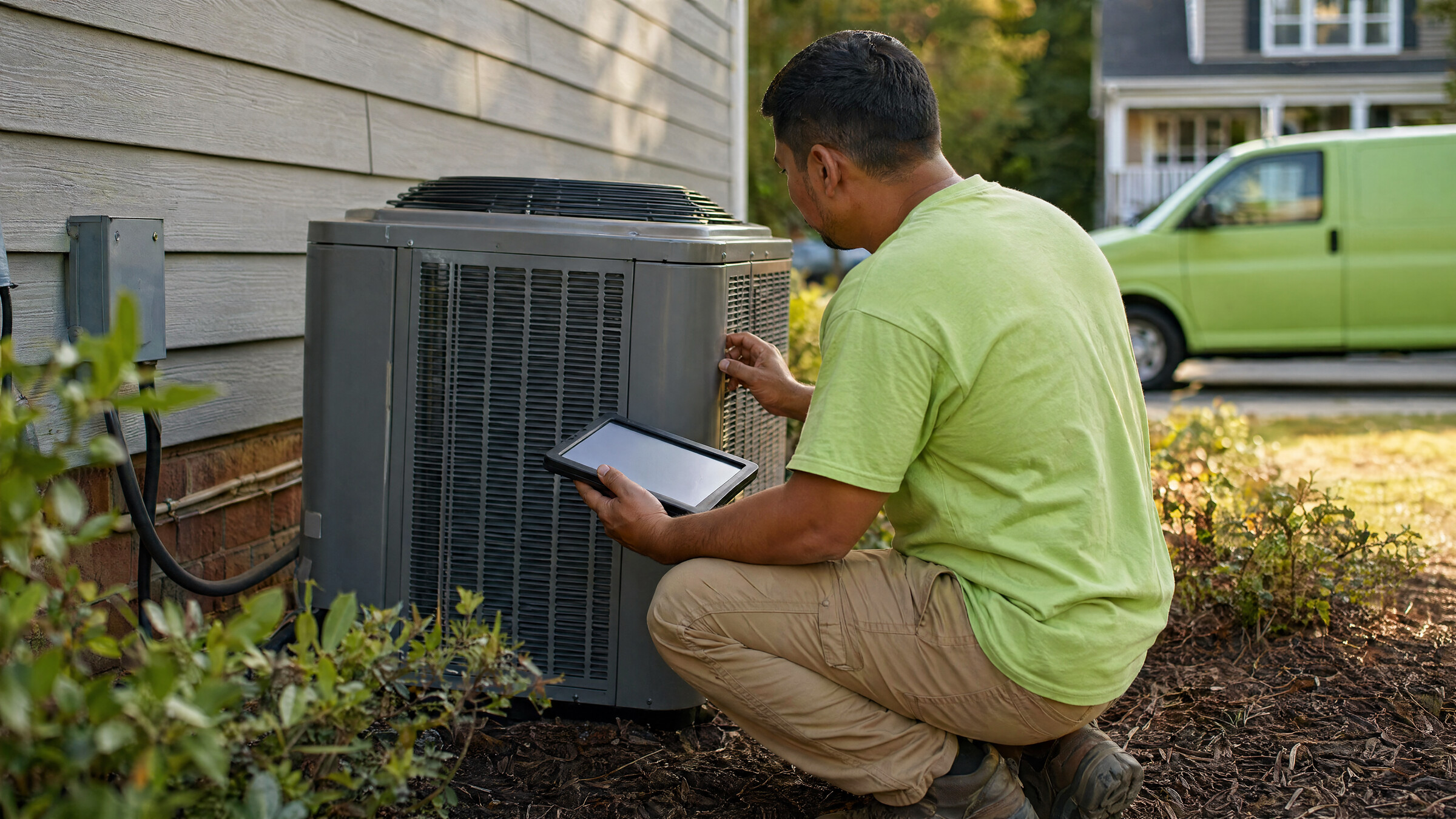 Technician with a tablet running a home walkthrough checklist next to an HVAC vent